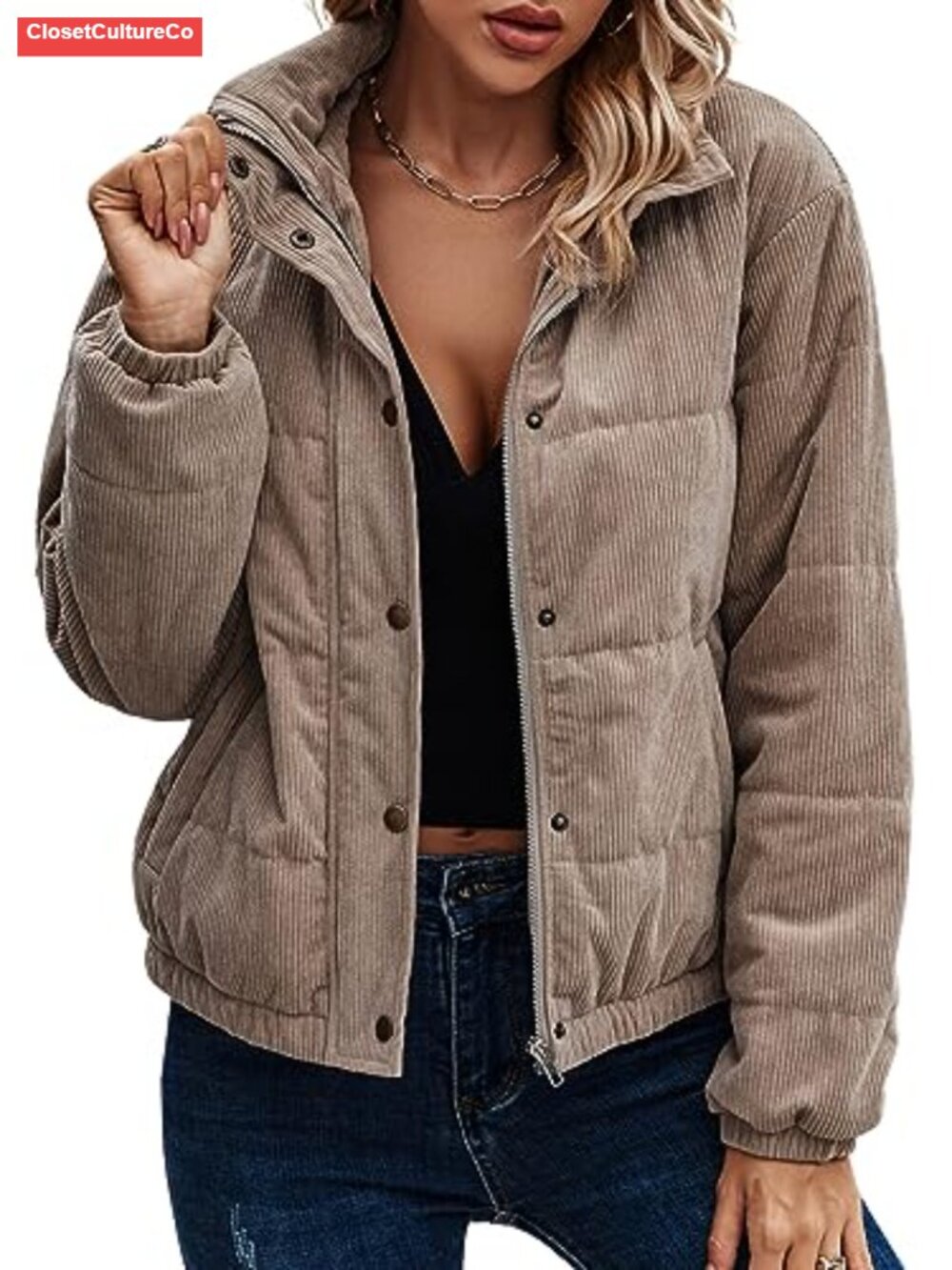 Women's Quilted Bomber Jacket Ribbed Corduroy Zip Up Winter Coat